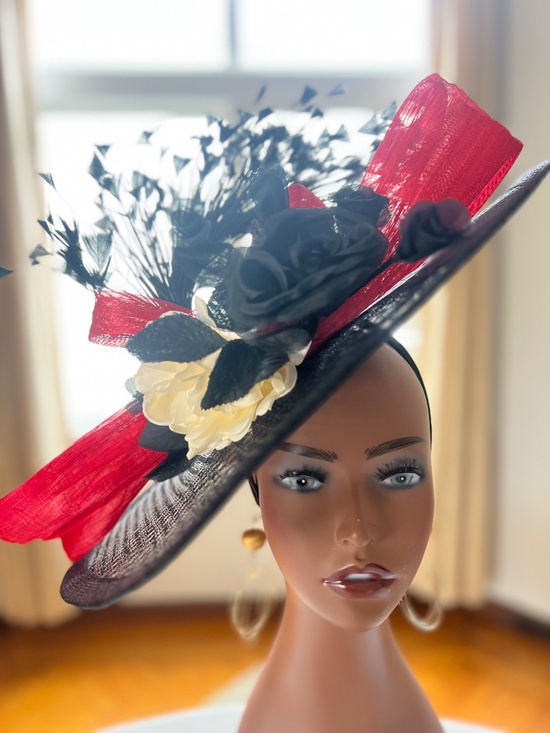 Black sinamay hat Fascinator with fire engine red abaca silk oversized bow main image 2